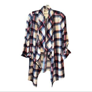 New York Laundry Plaid Open Drape Front Shacket Asymmetric Hanky Hem Top Medium
